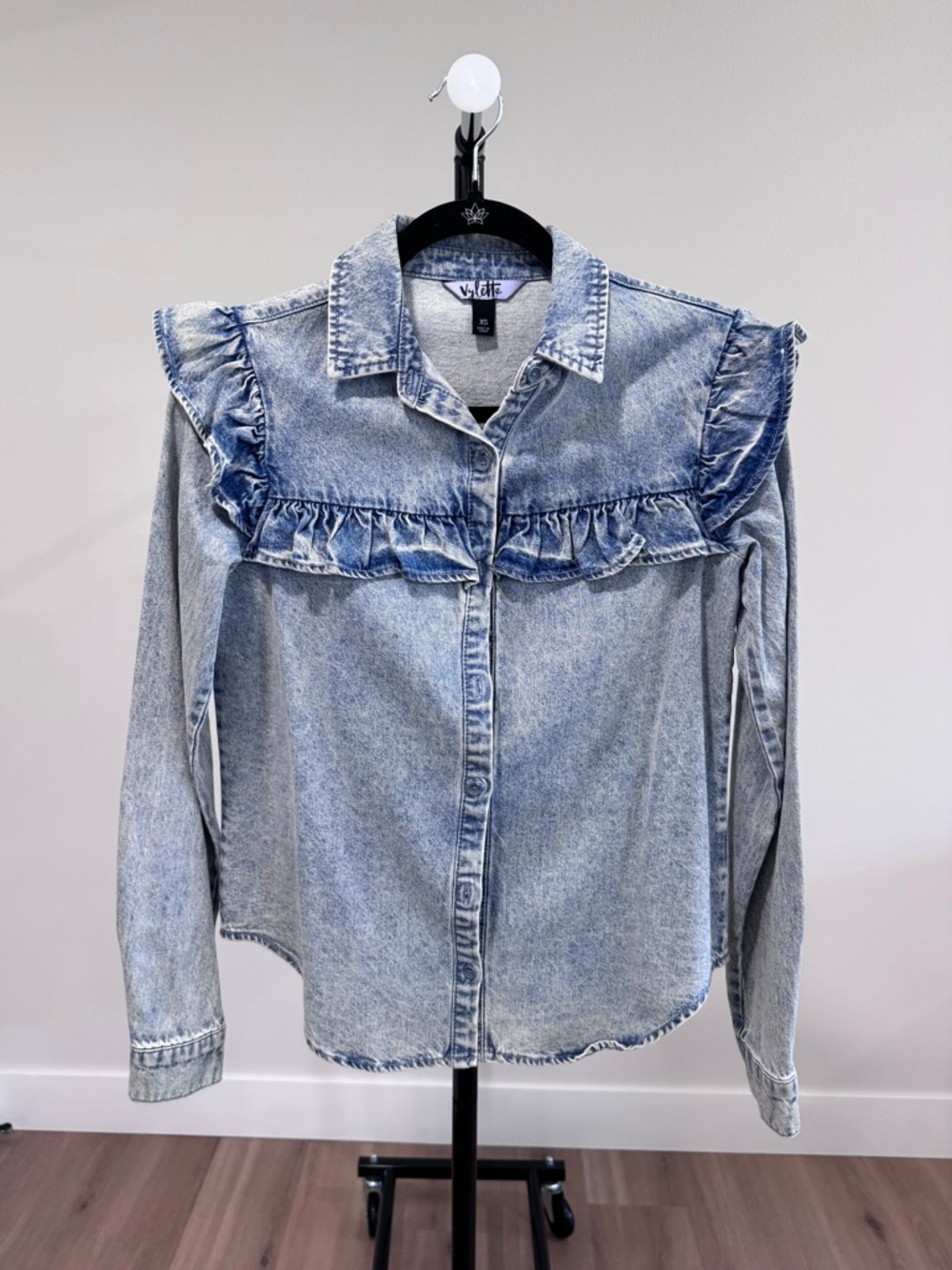 NWOT Vylette Light Wash Denim Ruffle Button-Down Shirt